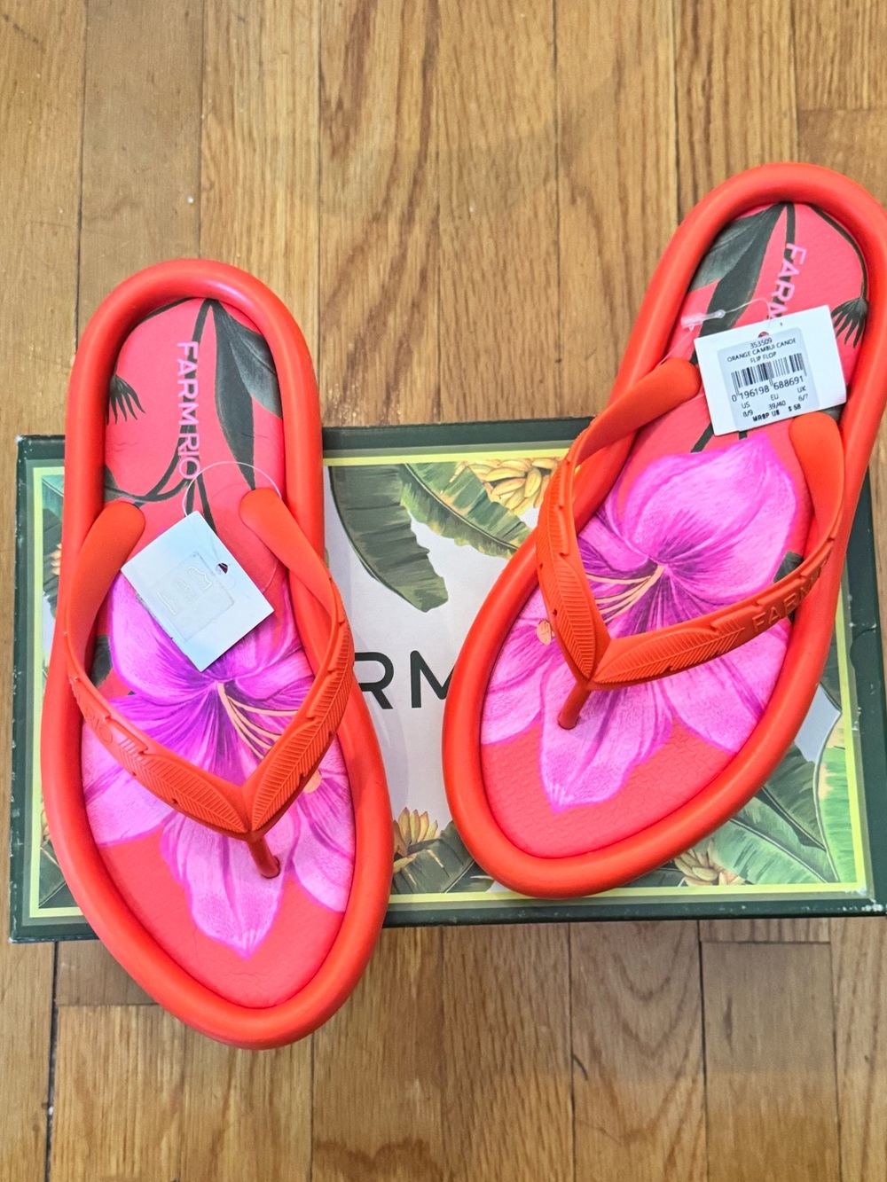 Farm Rio Orange Cambui Canoe Flip Flop - Women’s Size 8/9 - New In Box